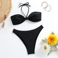 Black polyester women's bikini set with lace-up tube top and briefs.