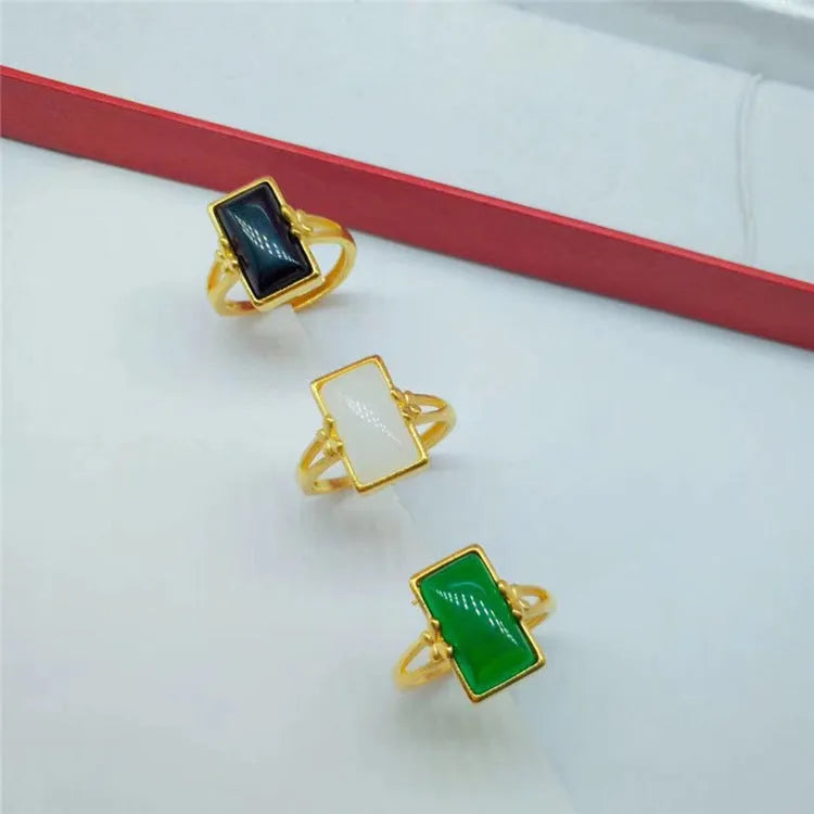 Adjustable brass gold-plated ring with artificial gemstone inlay in national style design