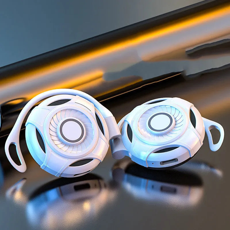 Black wireless Bluetooth gaming earphones with hanging ear design showing both earpieces