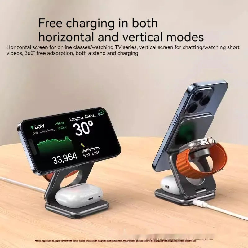 Foldable magnetic wireless phone charger stand in black showing adjustable angles