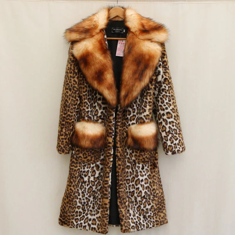 Women's long artificial fur jacket with leopard print pattern, regular sleeves, and casual street-style fit.
