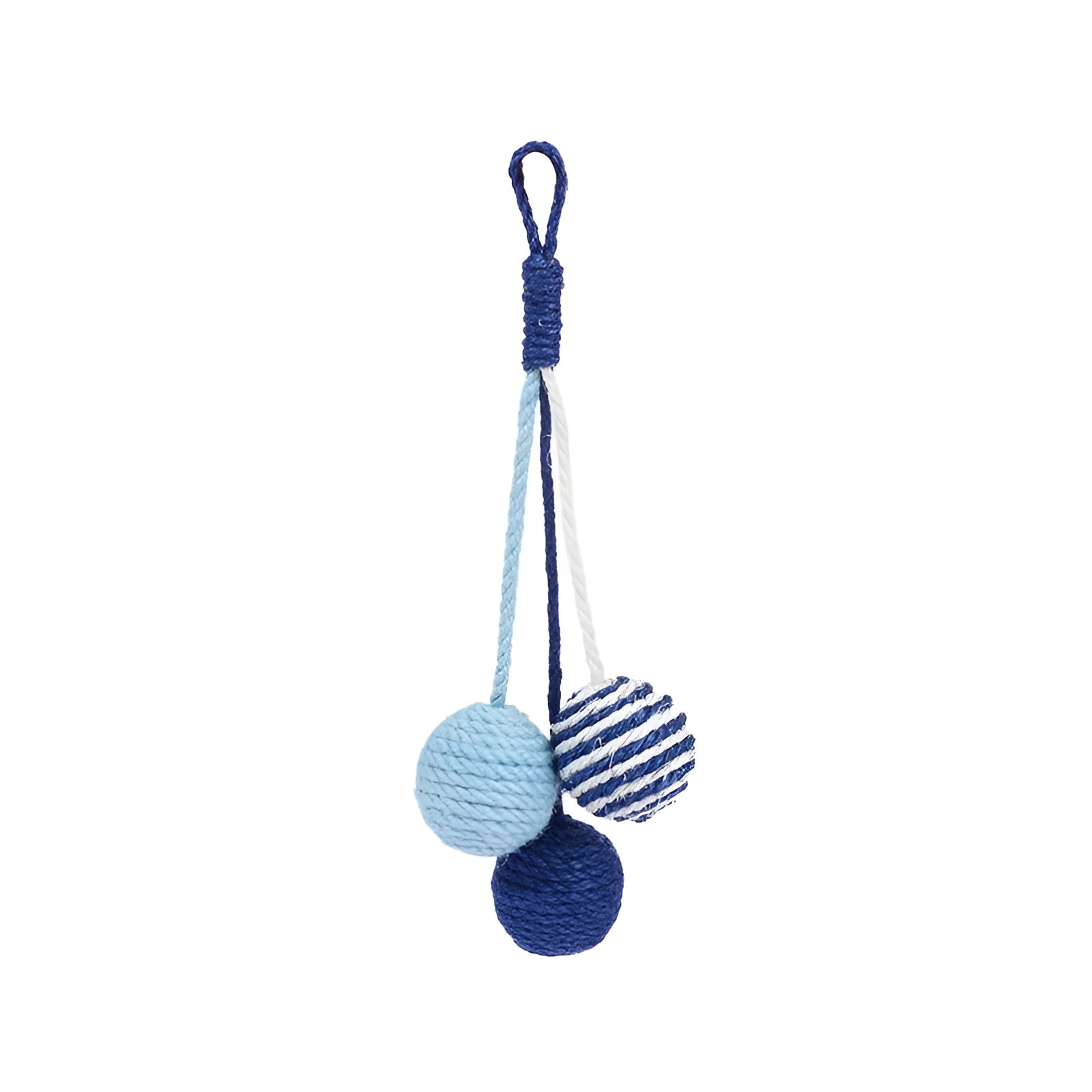 Four-piece cat toy set showing 255mm teaser wand with string, catnip ball, self-play wire, and fabric element in assorted colours