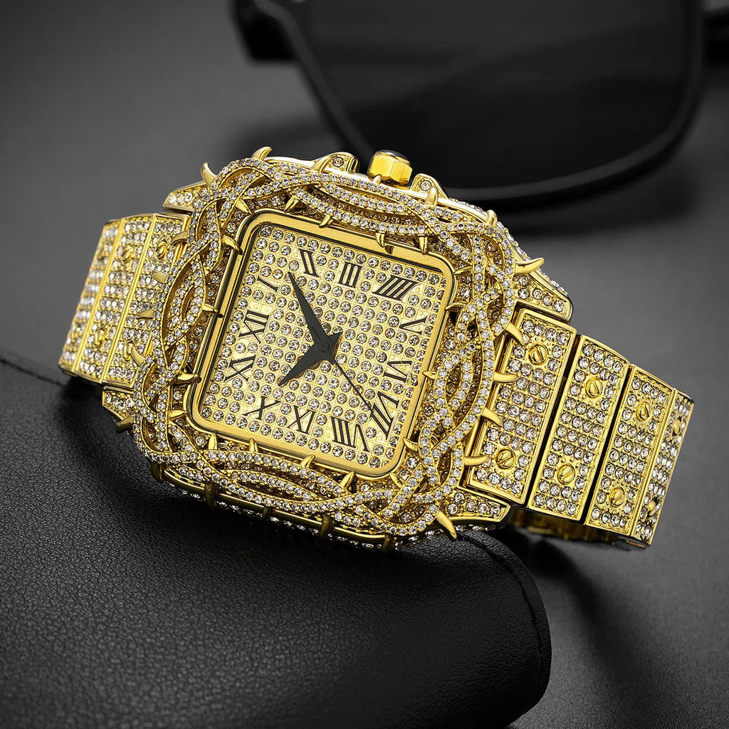 European hip hop ice watch with square full diamond case, thorn dial inlaid with zircon stones, in silver colour