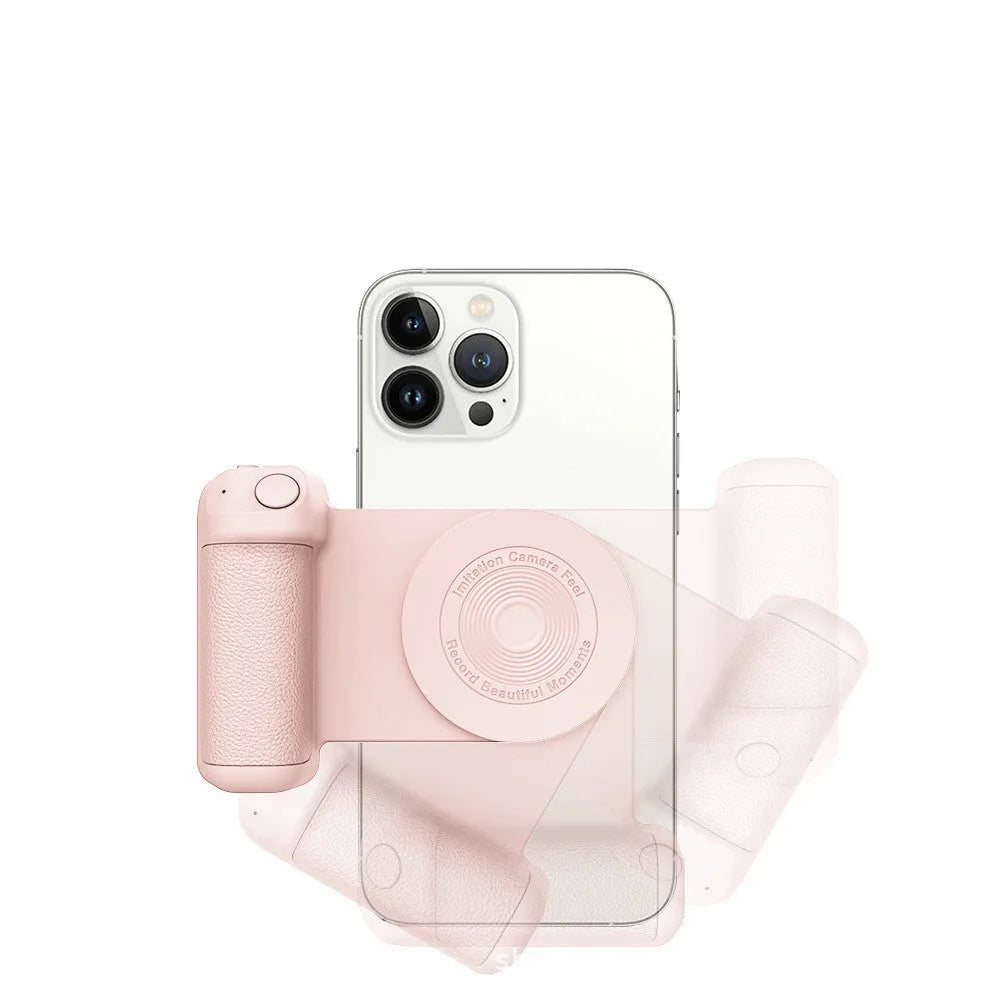 Black magnetic camera handle bracket for smartphone photography with rotatable design and ergonomic grip