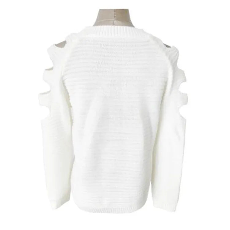 Women's white rabbit fur hollow-out knitted shirt with crochet design and round neckline
