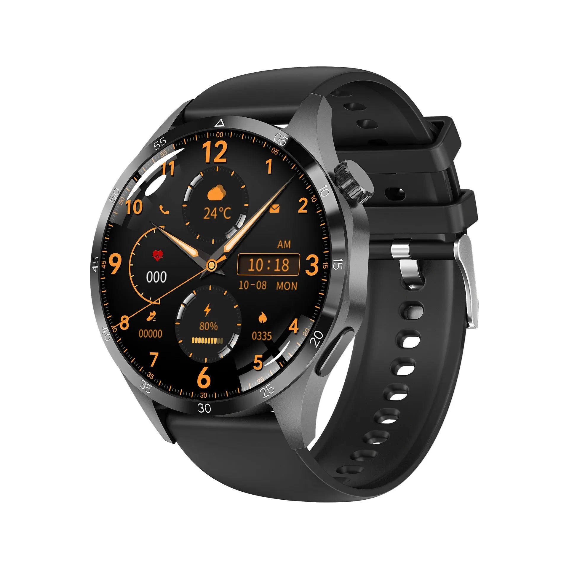 Black Bluetooth smartwatch with touch screen showing fitness stats, with silicone and Milan metal strap options.