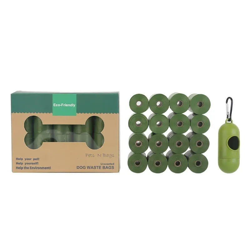 EPI degradable pet waste bags in green, black, blue, purple and orange colours with dispenser
