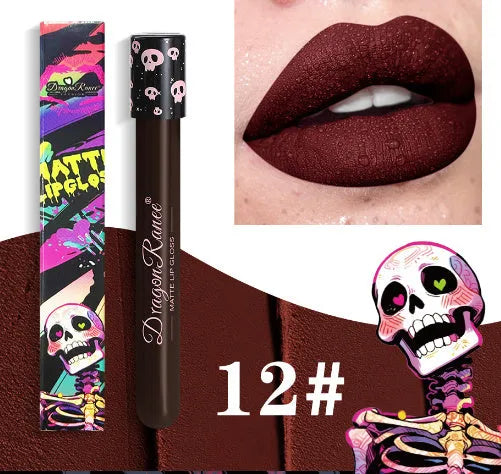 Halloween skull test tube containing matte gold or silver lip gloss for creative makeup.