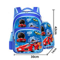 Blue children's anime cartoon backpack with double shoulder straps showing school books inside