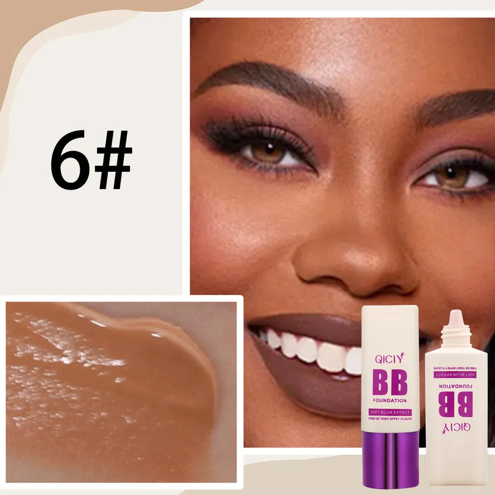 Feeding bottle of liquid foundation BB cream in one of ten available shades for brightening and concealing.
