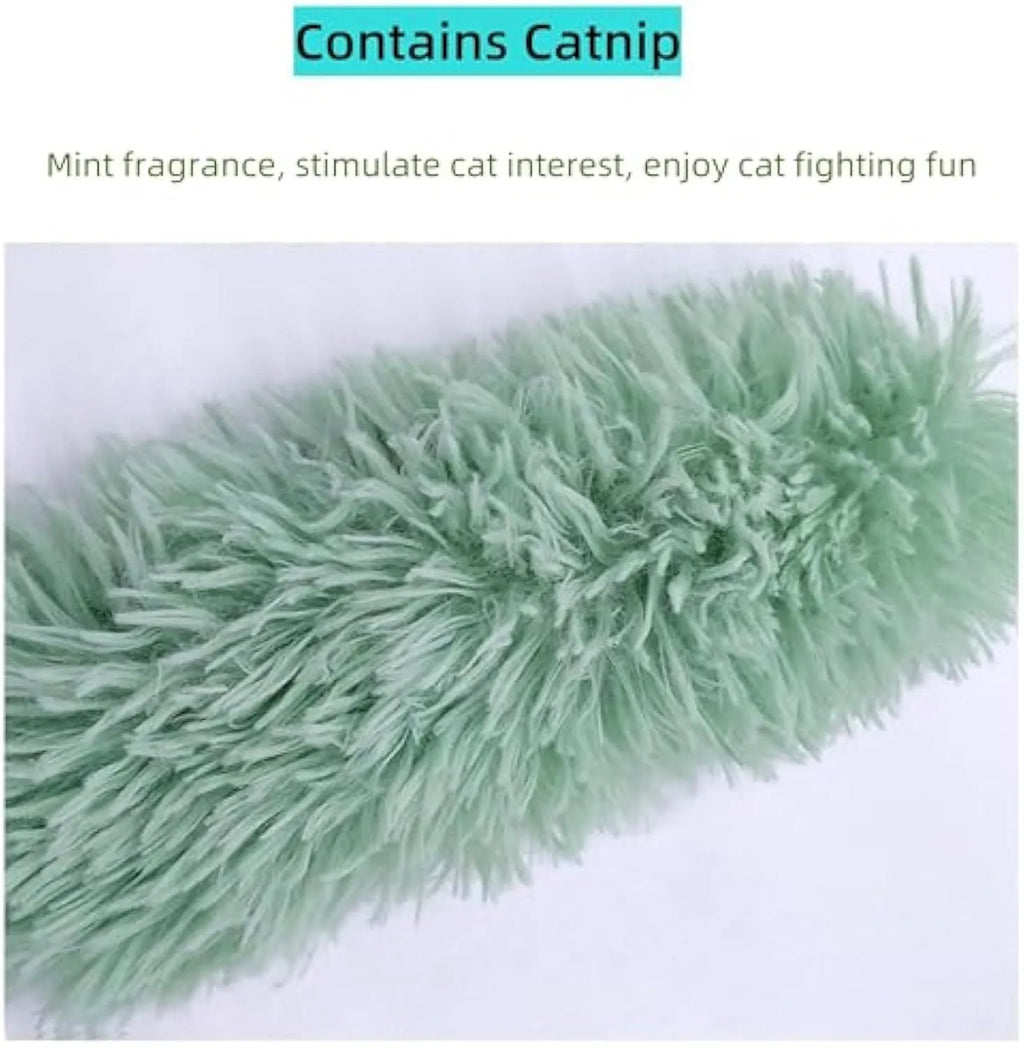 Soft plush interactive cat toy with catnip and crinkle sound feature in assorted colours.