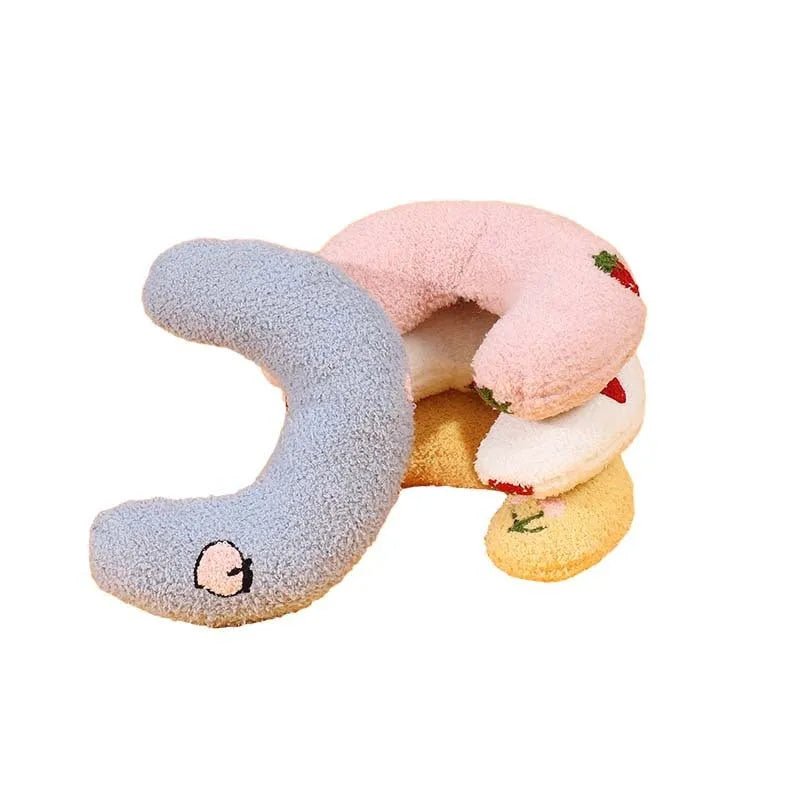 Half moon U-shaped cat pillow with cartoon designs in blue colour option