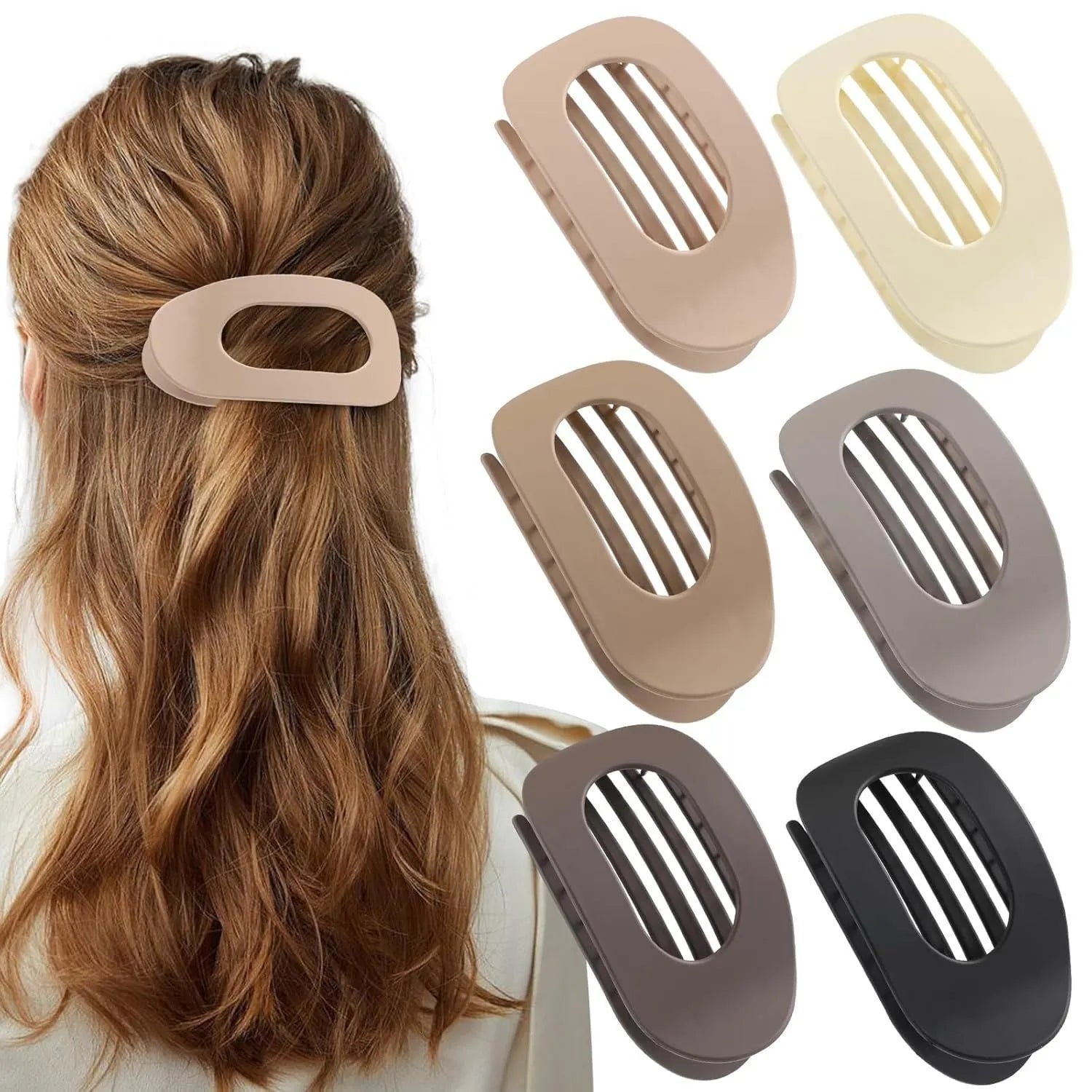 Six nude and rose red plastic hair clips with quadrilateral frosted grip design on white background