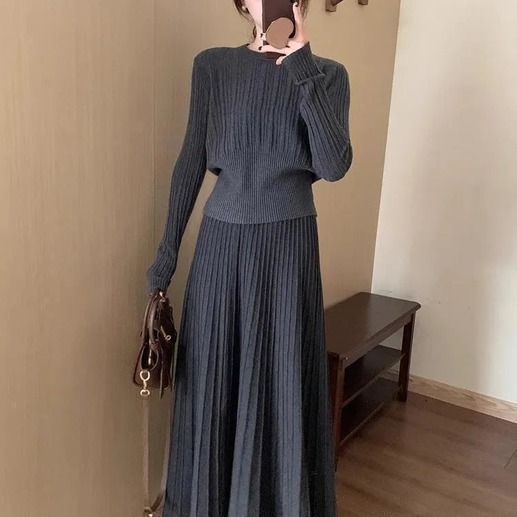 Dark grey ethnic style knitted dress suit with 3D pattern, matching sweater and skirt, collage stitching detail