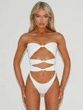 Women's hollow out one-piece swimsuit in nylon fabric available in multiple colours and sizes with sizing guidance