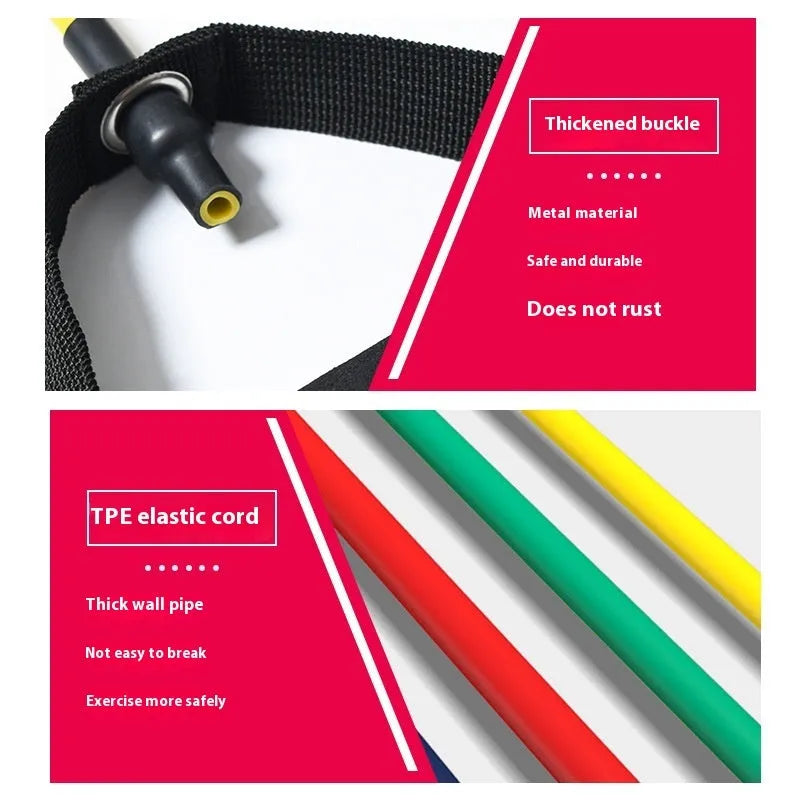 Yellow, green, red, blue, and black TPE chest expander tension rope for adjustable fitness training.