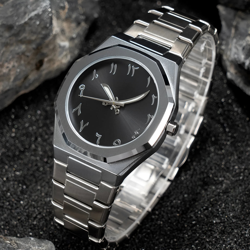 Men's business casual quartz watch with stainless steel strap showing black dial and 10mm thickness.