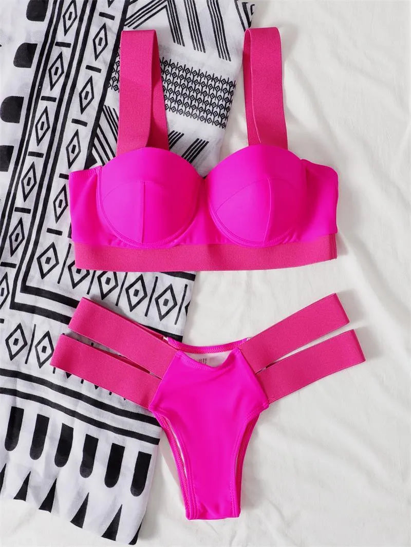 Women's contrast colour bikini swimsuit with steel bracket push-up board