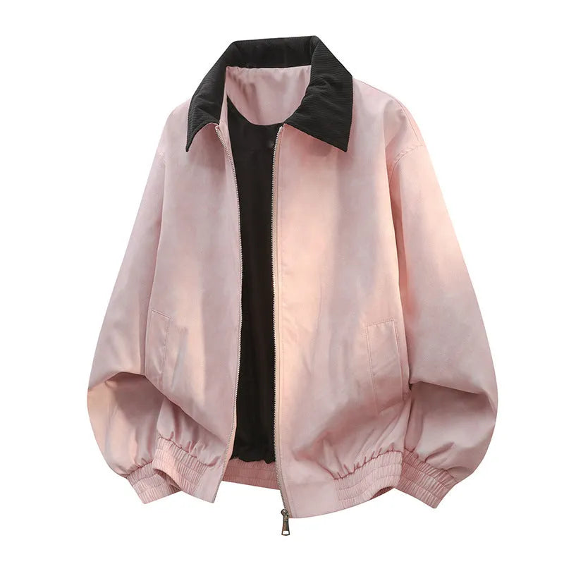 Men's casual jacket with stitching lapel detail in multiple colour options on a size chart background.