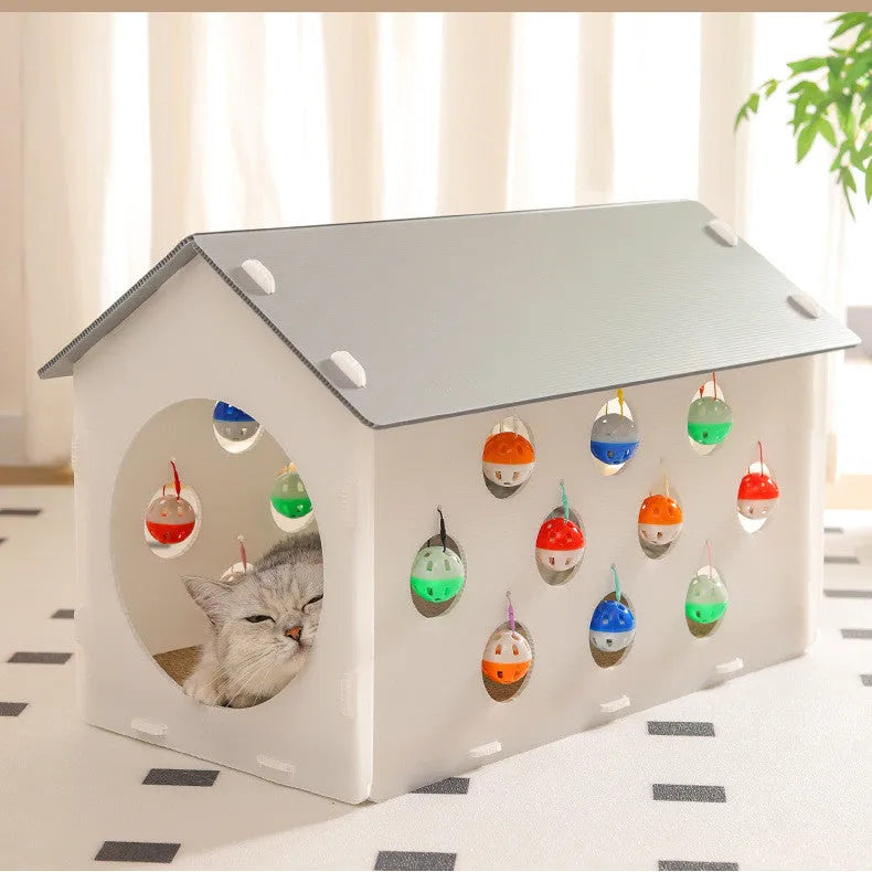 Plastic cat scratch board nest integrated toy with house design and bell ball
