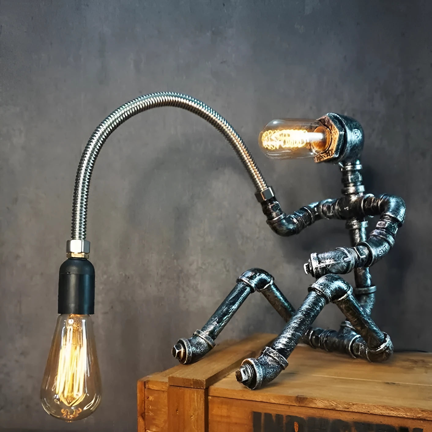 American retro industrial bar water pipe table lamp with iron shade on wooden surface