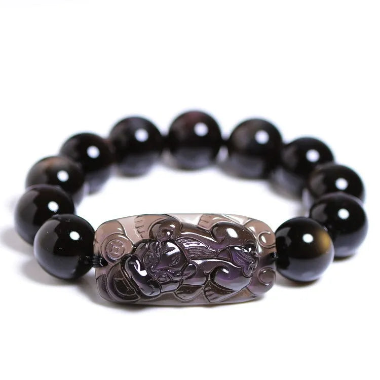 Crystal icy obsidian Pi Xiu bracelet in ethnic geometric style with ice stone beads