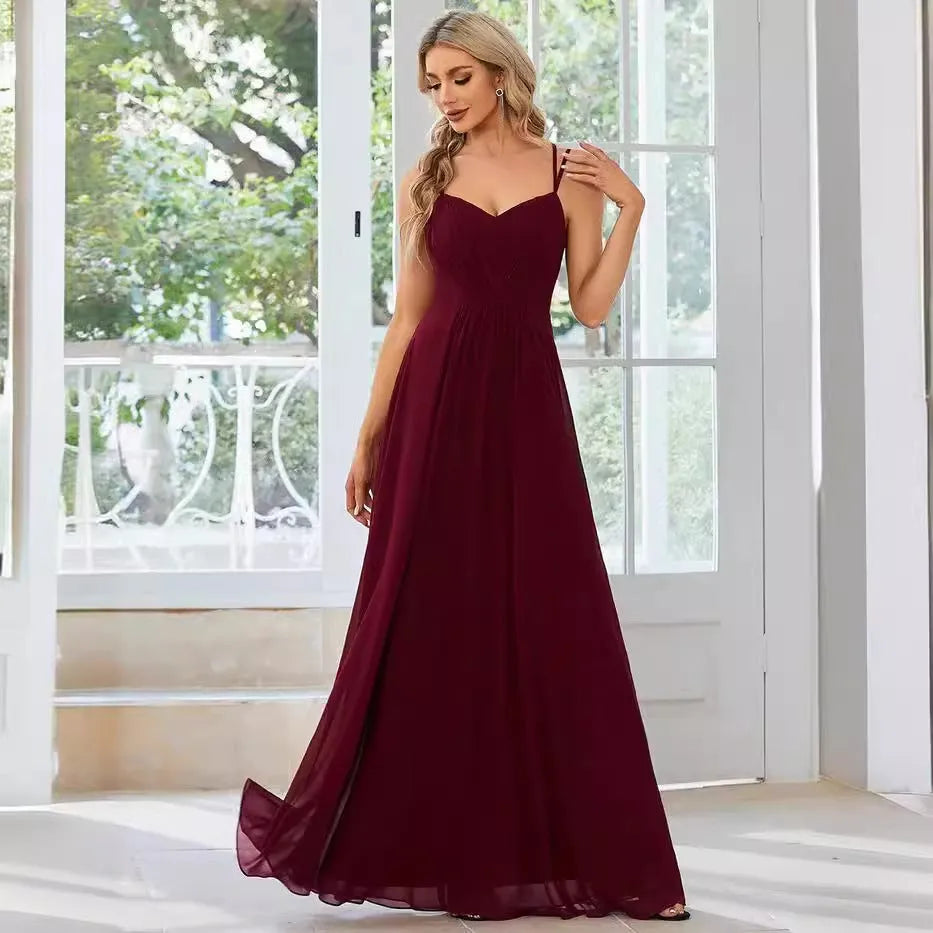 Women's sleeveless long pleating dress in solid color A-line skirt style available in light green navy blue and wine red