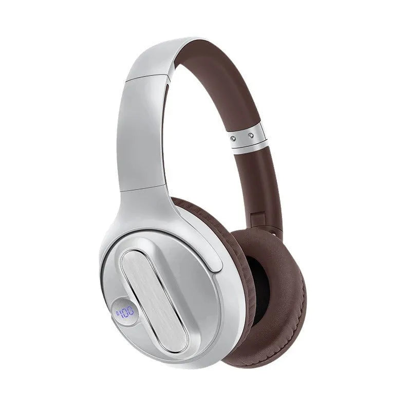 Retro wireless Bluetooth headset with digital power display in black plastic, head-mounted design