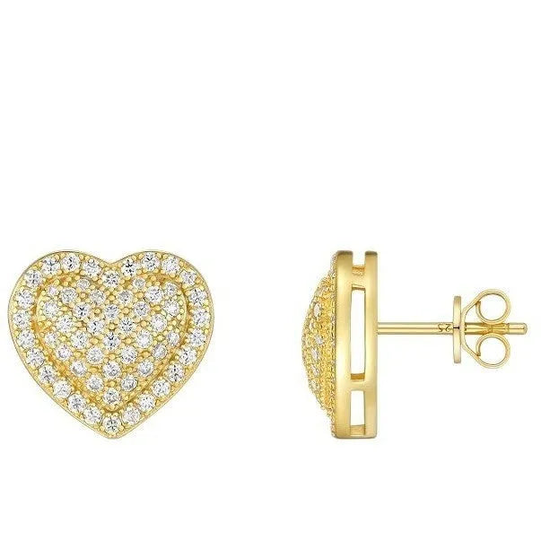 Simple heart-shaped stud earrings made of S925 silver with moissanite, shown in a gold colour.