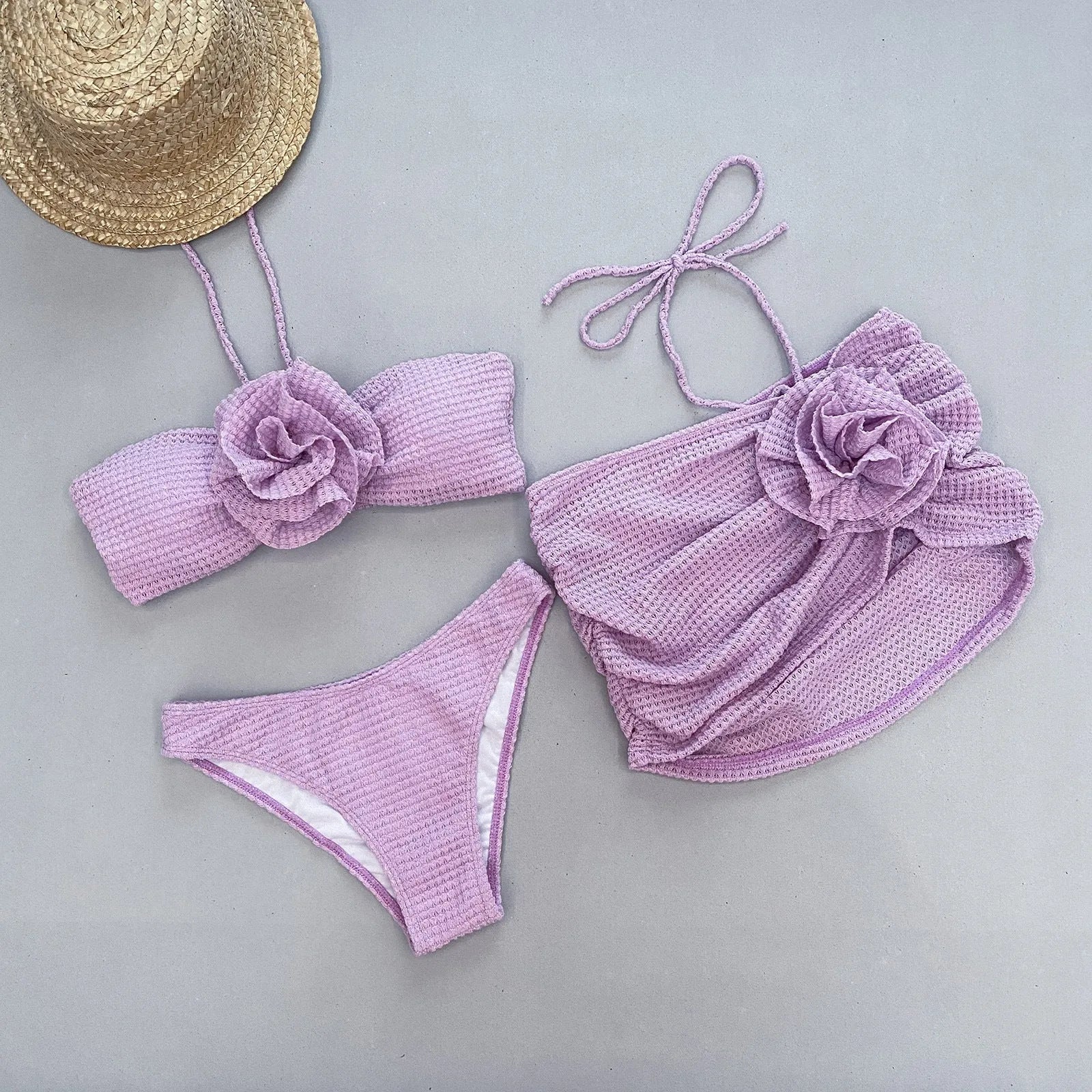 Women's white and purple 3D flower split skirt bikini set with bra and panties