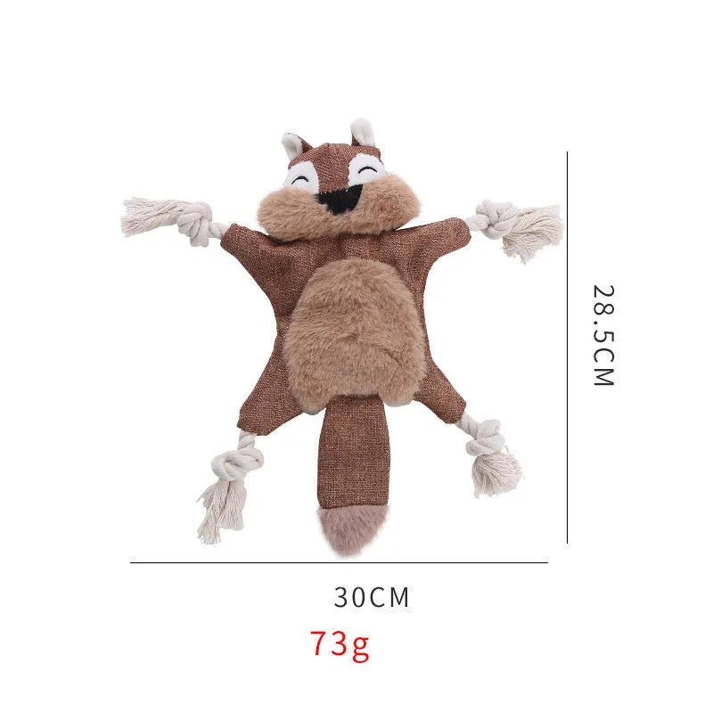 Brown plush fox dog toy with embroidered eyes, cotton rope limbs, and a squeaker.