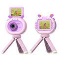 Purple and dark green children's digital camera with flip screen showing dimensions 9.8 x 7.9 x 3.8 cm