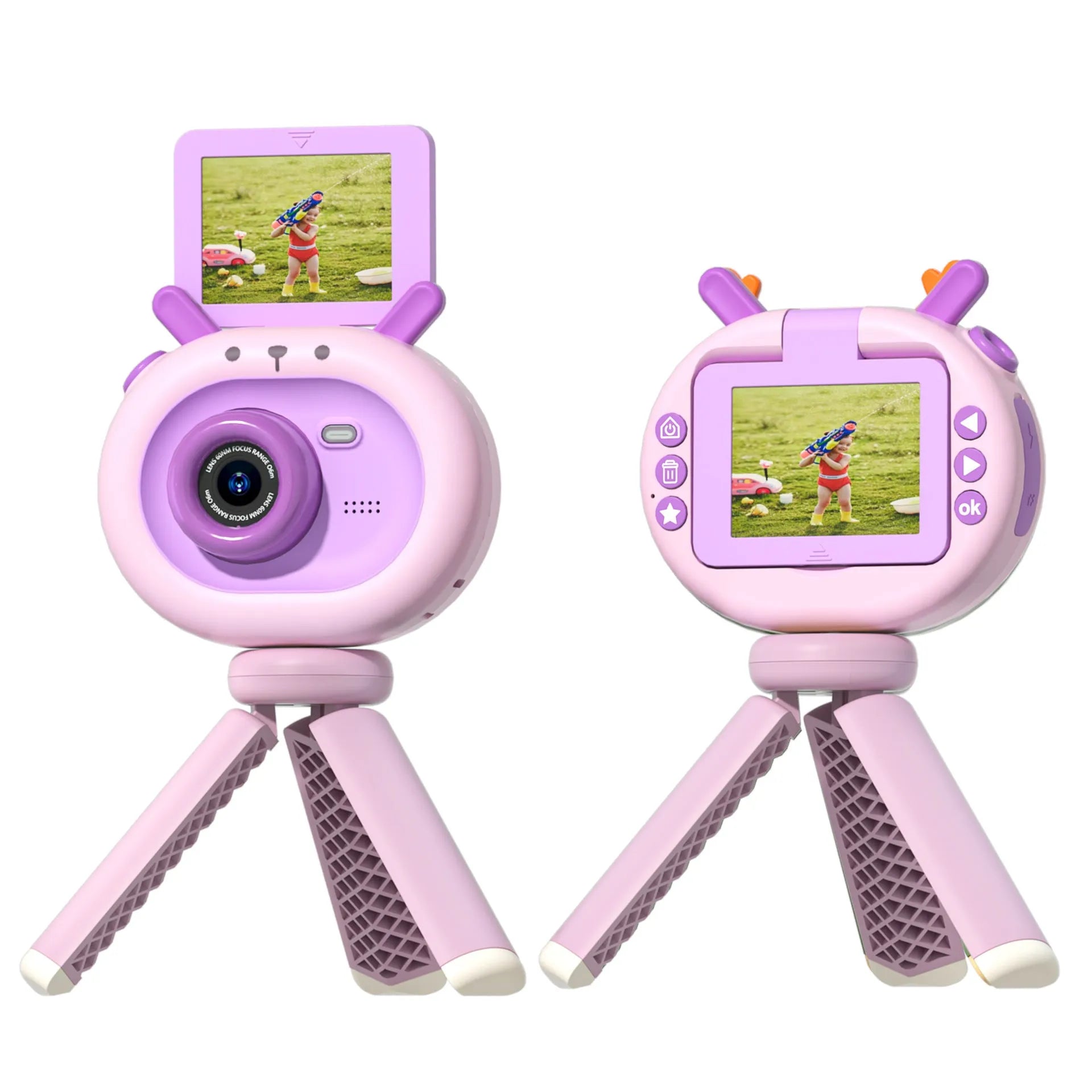 Purple and dark green children's digital camera with flip screen showing dimensions 9.8 x 7.9 x 3.8 cm