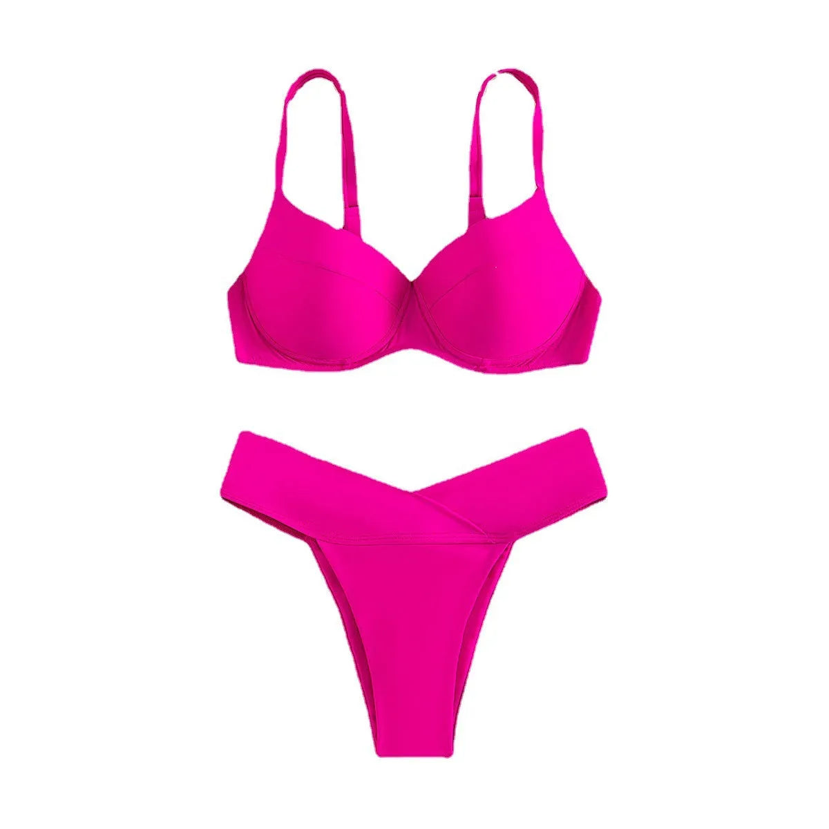 Women's fluorescent solid colour nylon bikini swimsuit on a mannequin.