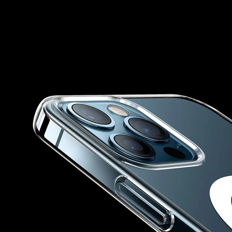 Transparent magnetic back cover case for iPhone showing magnet integration and clear PC material