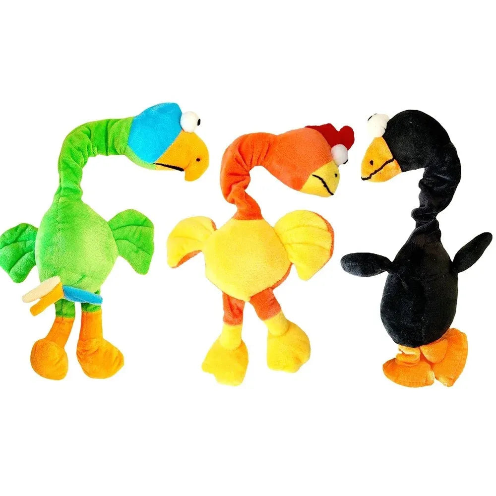 Black screaming chicken sound dog toy with bite-resistant chew texture next to green and orange versions.