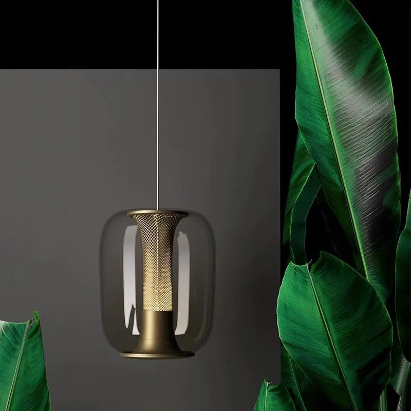 Minimalist Nordic chandelier with geometric metal frame in smoked grey, cognac, or clear colour options