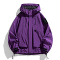 Men's black hooded windproof waterproof jacket shown on a model, with size chart showing options from M to 8XL.