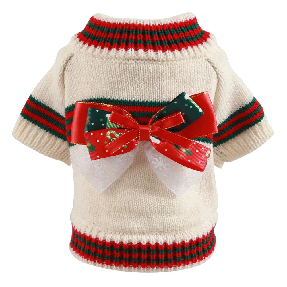Red Christmas jumper for a small dog on a festive background