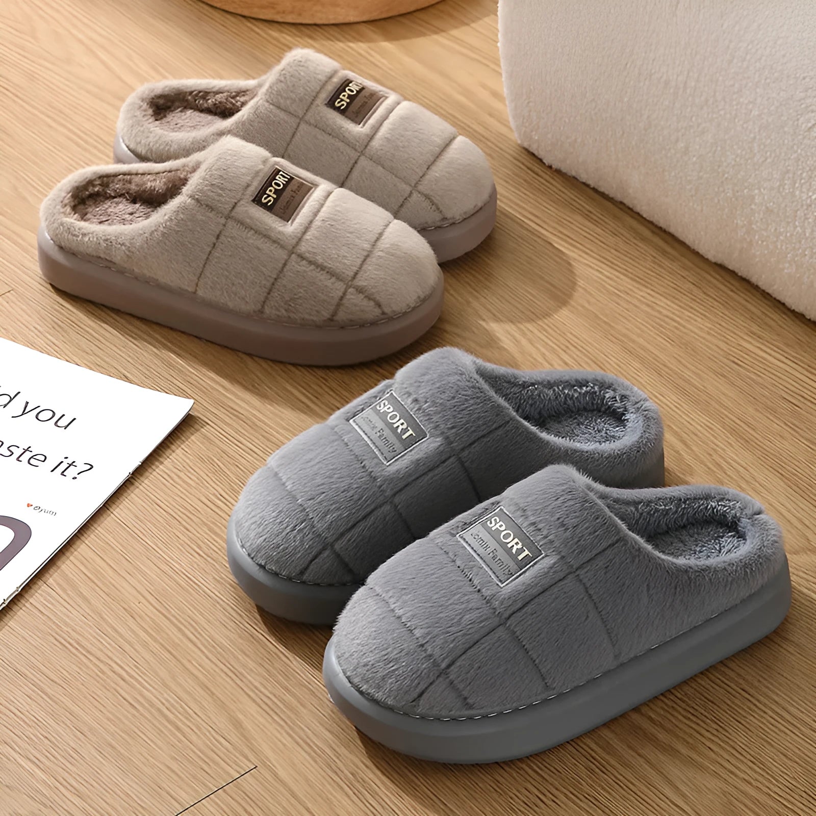 Men's plaid winter slippers with rabbit hair upper and thick EVA sole in brown colour