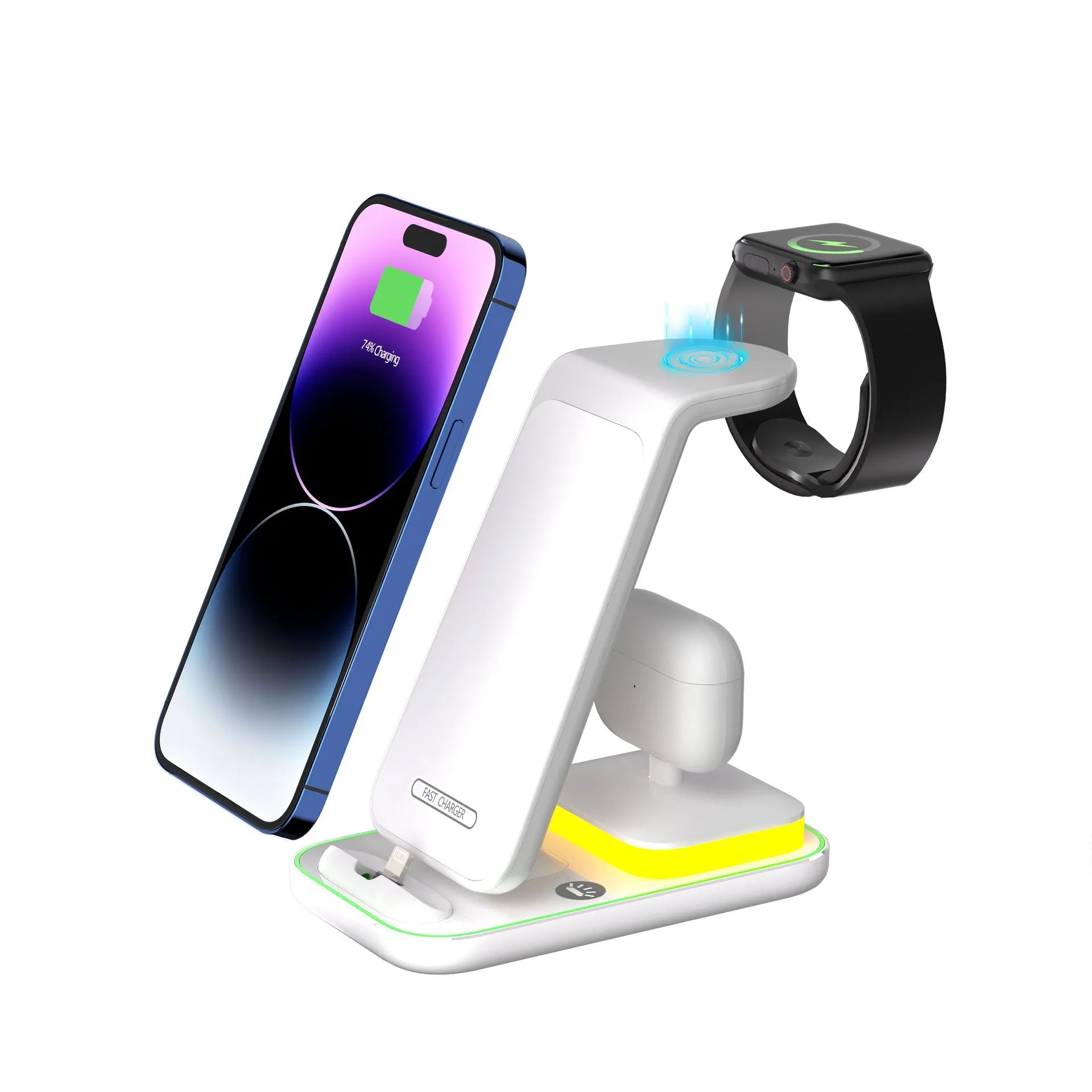 Black vertical wireless charging stand holding a mobile phone, with separate charging pads for an Apple Watch and wireless earbuds.