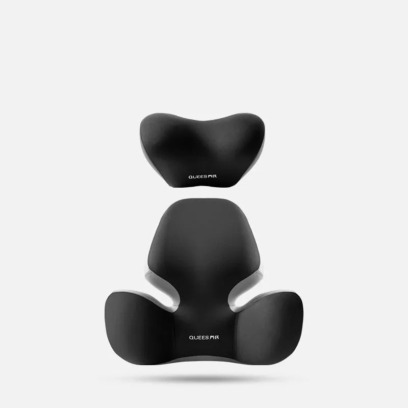 Black and grey memory foam car seat lumbar support pillow and matching headrest cushion on a car seat
