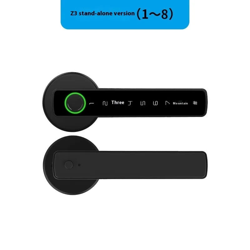 Black smart door lock with fingerprint scanner and credit card-style doodle board for wooden interior doors