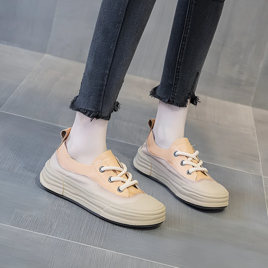 Women's matcha green leather platform sneakers with round toe and lace-up front.