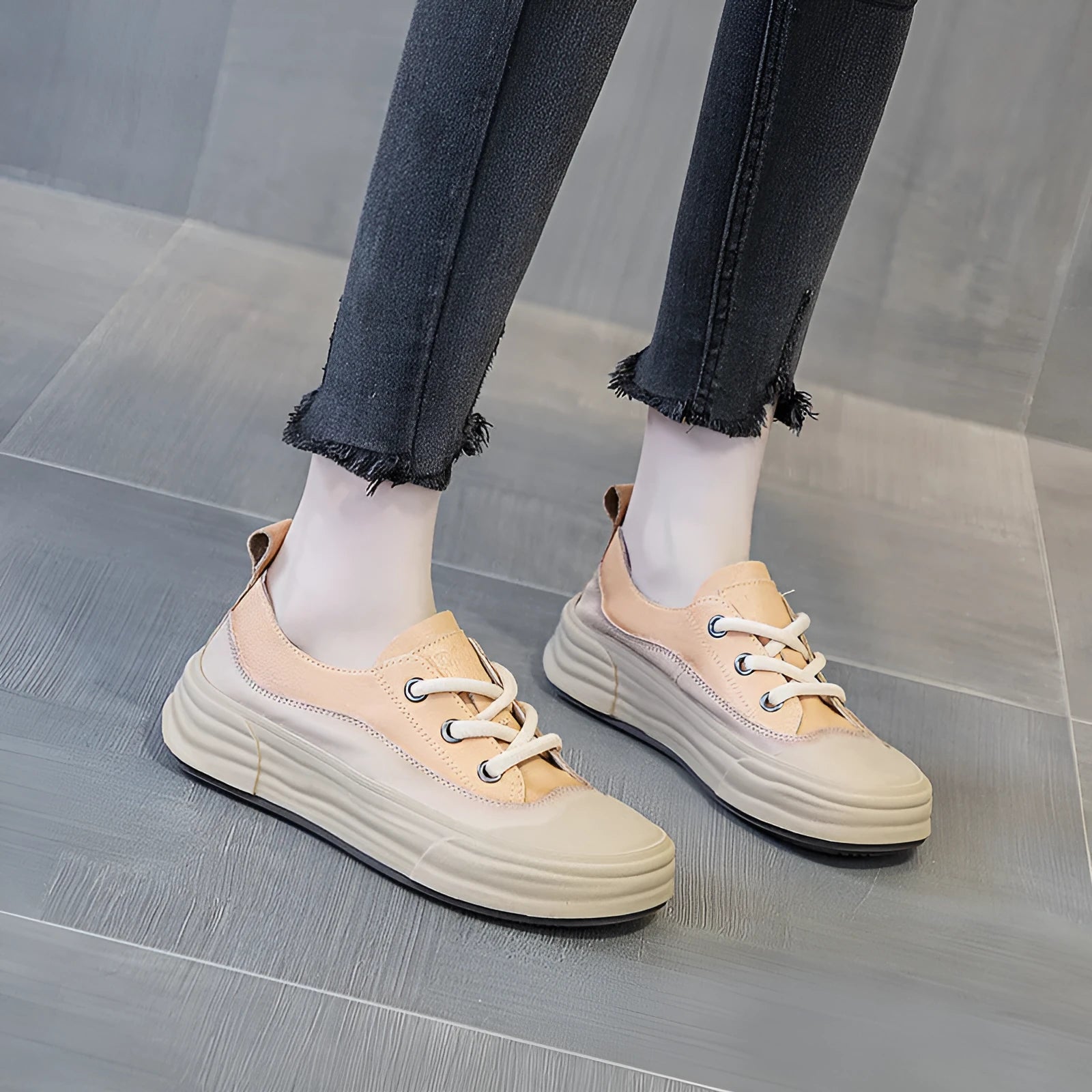 Women's matcha green leather platform sneakers with round toe and lace-up front.