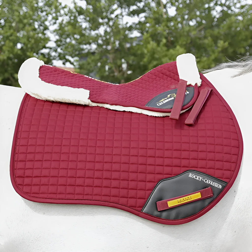 Wool blend riding saddle pad for waist protection in black, navy blue, white, and wine red.