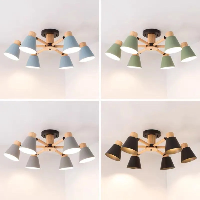 Nordic Macaron style ceiling pendant light with ironwood frame, shown in a two-tone colour option with multiple light heads.