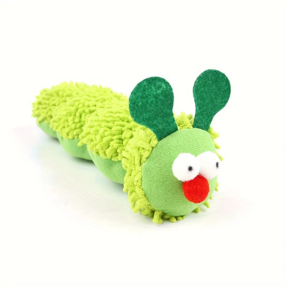Green interactive plush cat toy pillow measuring 24cm long for battery-free feline play