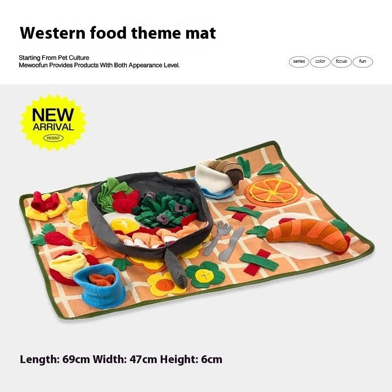 Themed fabric dog sniffing mat for interactive enrichment and food hiding