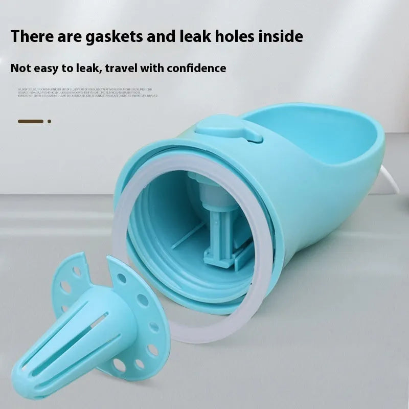 Blue portable dog water bottle with dual drinking and grain compartments
